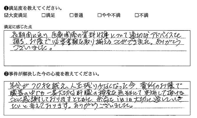 医療関係の資料収集について適切なアドバイスを頂き、必要書類を取り揃えることができました