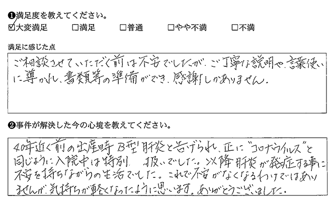 ご丁寧な説明や言葉使いに導かれ、書類等の準備ができ、感謝しかありません