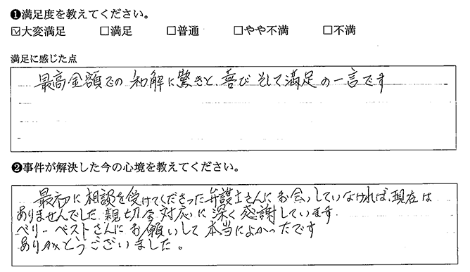 最高金額での和解に驚きと喜びそして満足の一言です