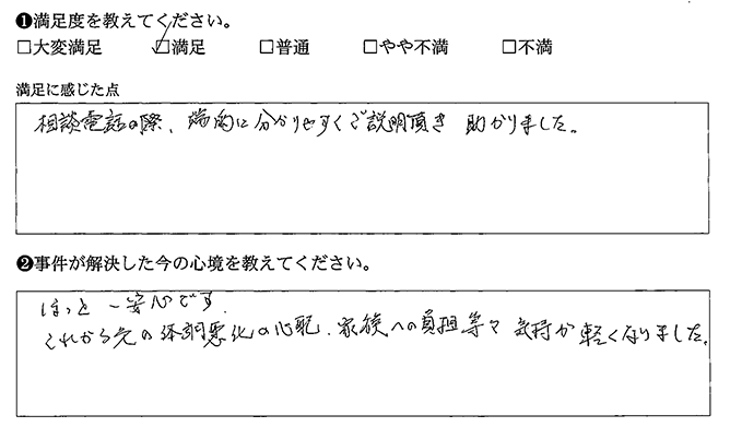 相談電話の際、端的に分かりやすくご説明頂き助かりました