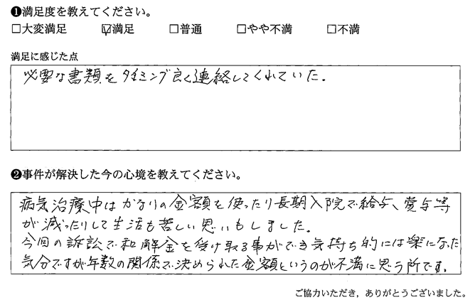 和解金を受け取れる事ができ気持ち的には楽になった気分です