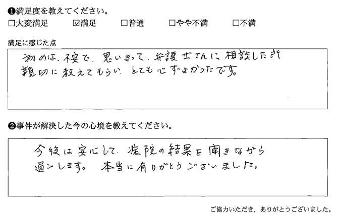 弁護士さんに相談した所、親切に教えてもらい、とても心ずよかったです