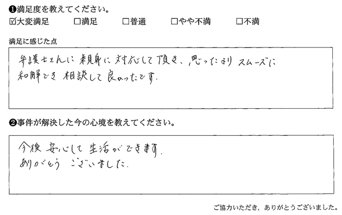 弁護士さんに親身に対応して頂き、思ったよりスムーズに和解でき相談して良かったです